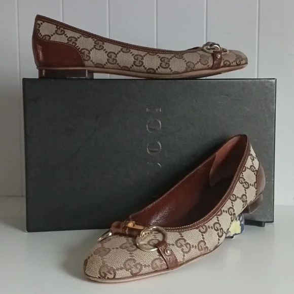 Gucci Tan Logo Canvas Flats In Box W Bamboo Bit. - Picture 1 of 7